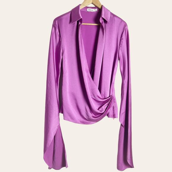 Simkhai Purple Paradisa Satin Long Sleeve Collared Wrap Top Size 4 - Picture 4 of 15
